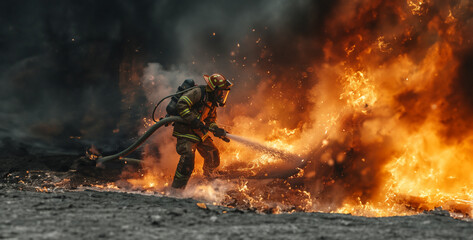fire burning in the forest, a striking shot of a firefighter battling a blaze, wielding a hose and wearing protective gear as they work to extinguish flames and save lives  photography 