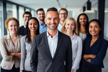 Group of coworkers standing in modern office for startup business - obrazy, fototapety, plakaty