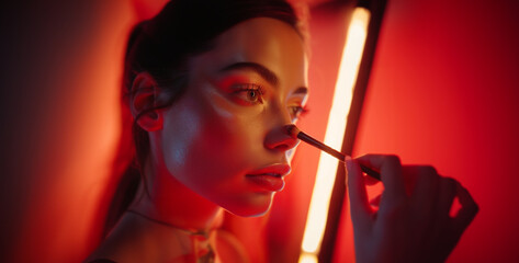 a visually striking shot of a makeup artist applying cosmetics to a model in a photo studio, enhancing features and creating glamorous looks for a photoshoot photography
