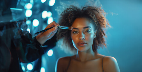 a visually striking shot of a makeup artist applying cosmetics to a model in a photo studio, enhancing features and creating glamorous looks for a photoshoot photography 