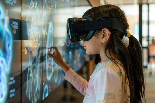 Child with VR headset interacts with a digital information display, technology and learning concept