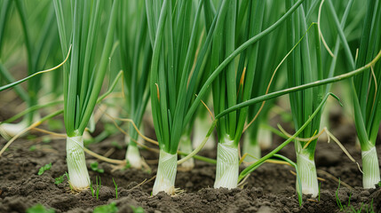 Green onions growing in a row on a bed of soil on a farm