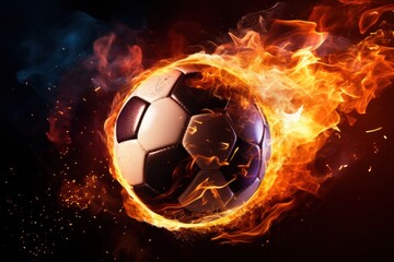 Naklejka premium Soccer ball with dimensional fire and sparks effect, black background.