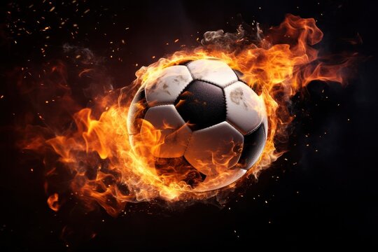 Soccer ball with dimensional fire and sparks effect, black background.