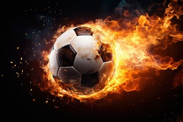 Naklejka premium Soccer ball with dimensional fire and sparks effect, black background.