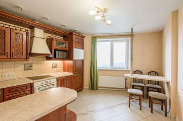 interior kitchen and dining room, refectory area, cooking equipment, table furniture, stove