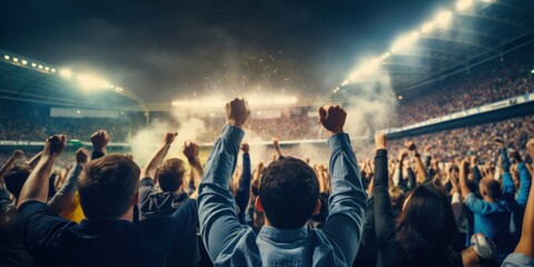 a football fans cheering favorite soccer team at crowded stadium at evening time. Winning...