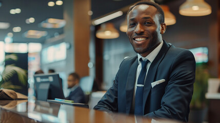 A dashing bank employee, impeccably dressed in a tailored suit, standing confidently behind the counter as he assists customers with a charming smile - obrazy, fototapety, plakaty