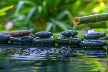 Tranquil Zen Spa with Stones, Bamboo, and Leaves amidst Nature's Harmony