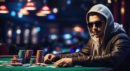 Professional poker player at casino table, man in hoodie and sunglasses playing tournament