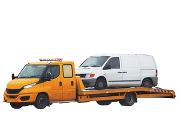 Emergency roadside assistance in action as a tow truck carries a broken down SUV on the highway.