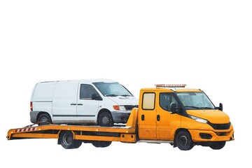 Roadside assistance transports a car with a breakdown on the road. Rollback tow truck. A tow truck...