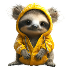 A 3D animated cartoon render of a playful sloth in a silly onesie.