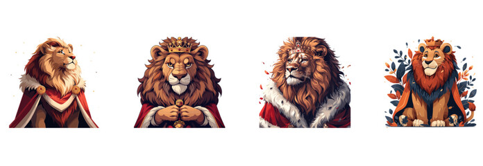 Lion vector. Regal Lion Dressed as King, Noble Jungle Monarch Vector Art, cute animal cartoon character illustration set