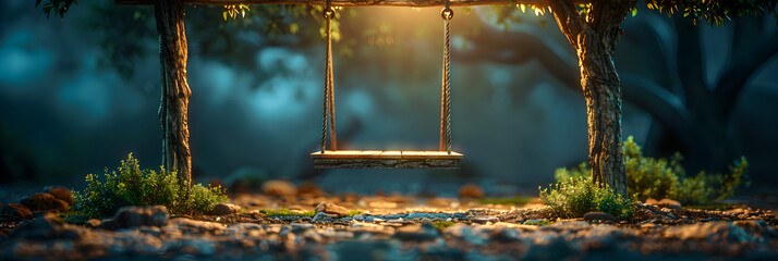 swing swaying in the breeze under a tree night background, Forest Swing  - obrazy, fototapety, plakaty
