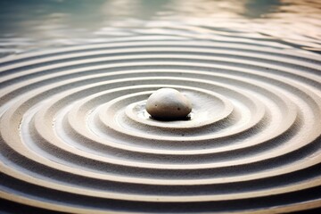 Fototapeta na wymiar Centered Zen rock causing ripples in the surrounding sand