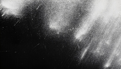 White dust and scratches on black background - layer for photo editor. Horizontal photography with copy space; high resolution