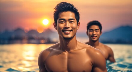 Asian men swimming at sea shirtless