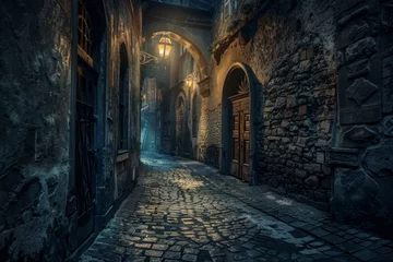 Zelfklevend Fotobehang Dark and mysterious Gothic alleyway, with narrow cobblestone streets and looming shadows. © Hunman