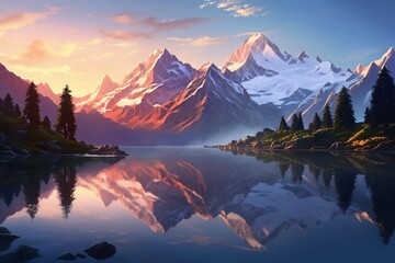 Dawn’s light reveals a mountain range mirrored perfectly in a tranquil alpine lake - obrazy, fototapety, plakaty