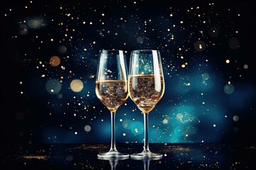 Elegant glasses brimming with champagne set against a starry evening