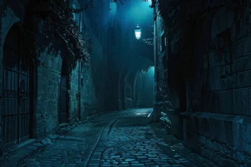 Fotobehang Dark and mysterious Gothic alleyway, with narrow cobblestone streets and looming shadows. © Hunman