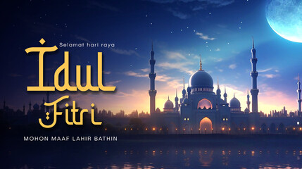 Eid al Fitr poster template with mosque and beautiful night sky background