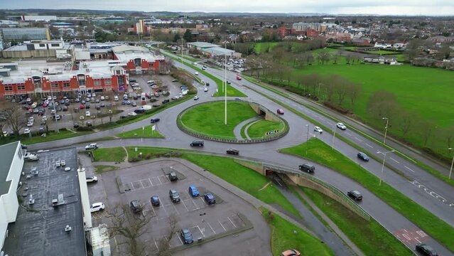 High Angle Footage of Downtown and City Centre of Stevenage City of England United Kingdom. Feb 23rd, 2024