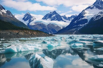 Glacier's blue-green waters cradled by snow-peaked mountains