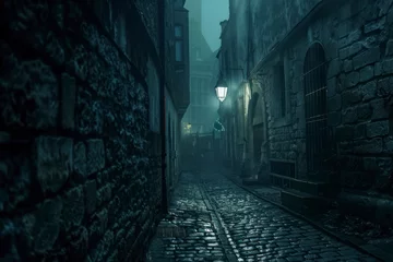  Dark and mysterious Gothic alleyway, with narrow cobblestone streets and looming shadows. © Hunman