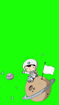 Niño astronauta sentado en un planeta con el fondo verde
