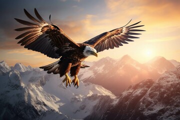 Fototapeta premium Golden eagle soaring over snow-capped mountain peaks during sunset