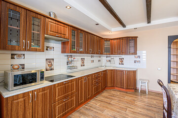 interior kitchen and dining room, refectory area, cooking equipment, table furniture, stove