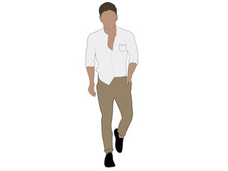 Vector of a flat-faced man wearing a white collared T-shirt with light brown pants. Men's fashion themed illustration vector concept.
