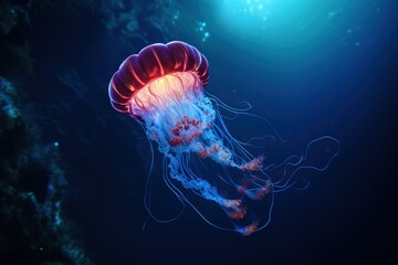 Obraz premium Jellyfish glowing against the deep blue abyss