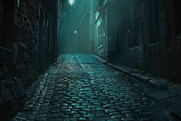 Deurstickers Dark and mysterious Gothic alleyway, with narrow cobblestone streets and looming shadows. © Hunman