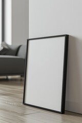 mockup of a picture frame standing at the ground in a living room