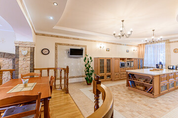 interior kitchen and dining room, refectory area, cooking equipment, table furniture, stove