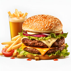 fresh tasty burger, Burger and French fries, Isolated White Background Generative AI 