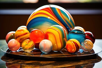 Marbles showcasing vibrant hues on a mirror-like base