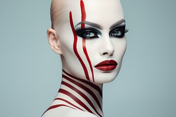 Detailed woman robot portrait in white and red colors, futuristic design, glass eyes