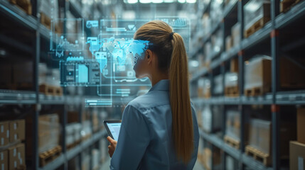 Woman logistics manager with technology warehouse stand with shelves filled with goods, data analytics, global logistics networks, big data and machine learning in modern supply chain management