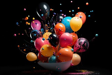 Paint-filled balloons bursting against a black background