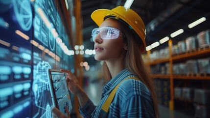 Woman logistics manager with technology warehouse stand with shelves filled with goods, data analytics, global logistics networks, big data and machine learning in modern supply chain management