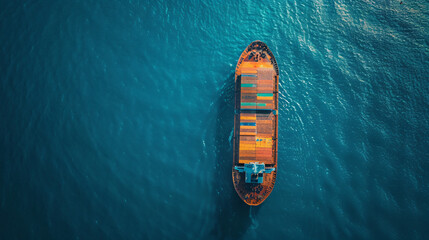An aerial snapshot of a massive cargo ship navigating through the blue waters illustrating the scale of maritime trade. - obrazy, fototapety, plakaty