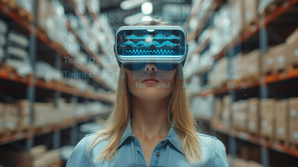 Woman logistics manager with technology warehouse stand with shelves filled with goods, data analytics, global logistics networks, big data and machine learning in modern supply chain management