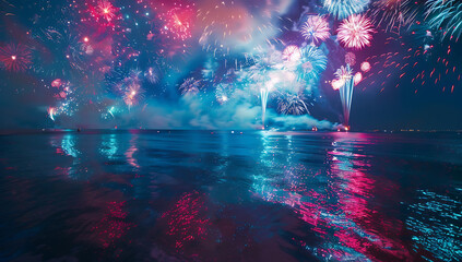 fireworks bursting in the sky over the water and ligh