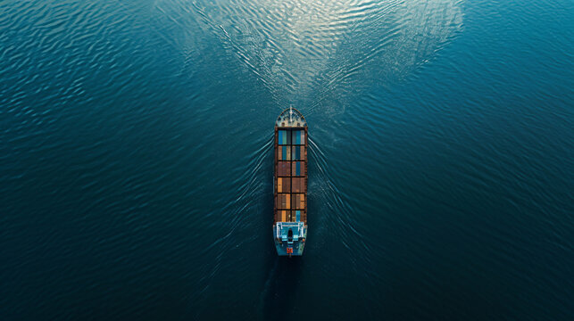 An aerial snapshot of a massive cargo ship navigating through the blue waters illustrating the scale of maritime trade.