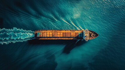 An aerial snapshot of a massive cargo ship navigating through the blue waters illustrating the scale of maritime trade. - obrazy, fototapety, plakaty