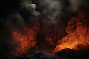 Smoke spiraling up from a bed of glowing coals in a dark setting